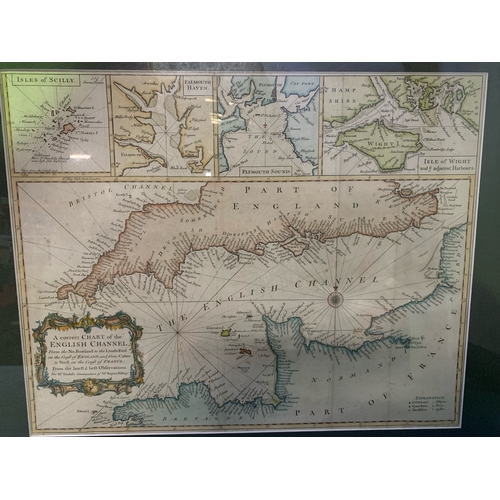 15 - Framed print of an antique map / chart of the English Channel including close-ups of the Isles of Sc... 