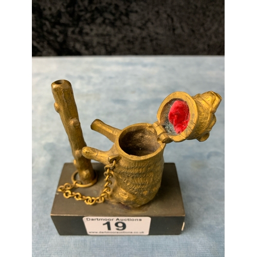 19 - Antique bear and ragged staff match / vesta case on a bronze stand