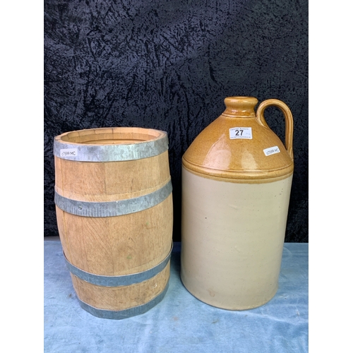 27 - Large stoneware jug (approx 43cm tall) along with a wooden coopered barrel