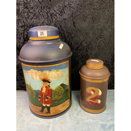 28 - Two hand painted American fine art metal tea canisters, largest example is approx 43cm tall