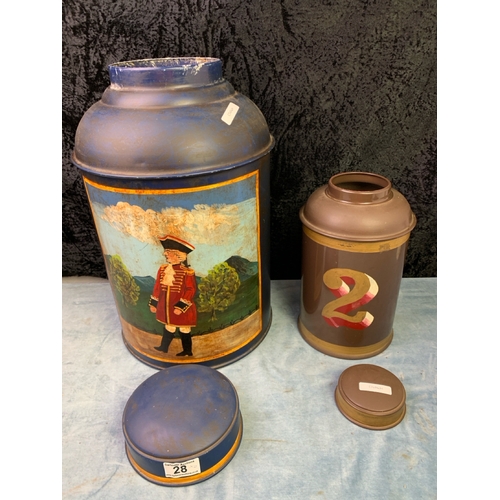 28 - Two hand painted American fine art metal tea canisters, largest example is approx 43cm tall