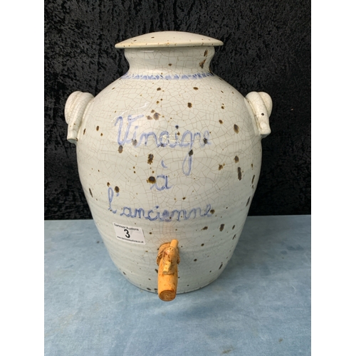 3 - French terracotta vinegar jar with cracked glaze and wooden tap, approx 32cm tall