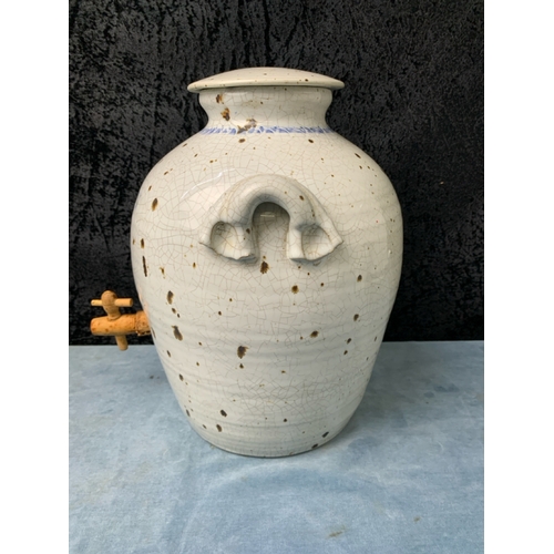3 - French terracotta vinegar jar with cracked glaze and wooden tap, approx 32cm tall