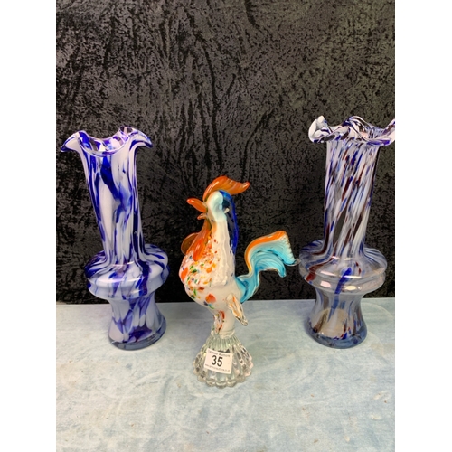 35 - Two hand blown glass vases, possibly Murano, approx 32cm tall along with a glass cockerel