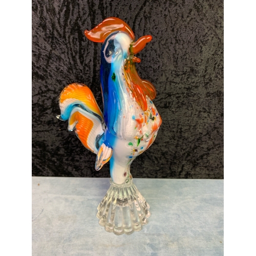 35 - Two hand blown glass vases, possibly Murano, approx 32cm tall along with a glass cockerel