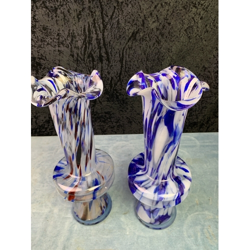 35 - Two hand blown glass vases, possibly Murano, approx 32cm tall along with a glass cockerel