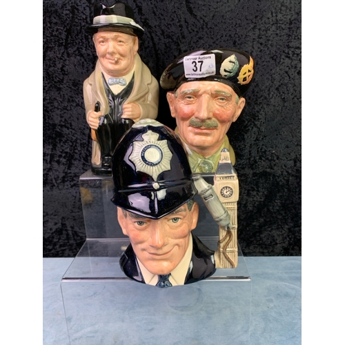 37 - Three Royal Doulton character jugs - Winston Churchill, Bernard ‘Monty’ Montgomery and a ‘London Bob... 