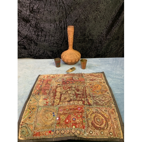 45 - Persian / Kashmiri Surahi bottle / water pipe bottle along with two Indian brass lassi cups and an E... 