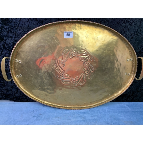 55 - Large brass tray with copper rope effect edging and hammered design, approx 59cm x 39cm