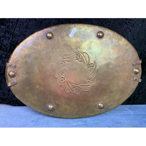 55 - Large brass tray with copper rope effect edging and hammered design, approx 59cm x 39cm