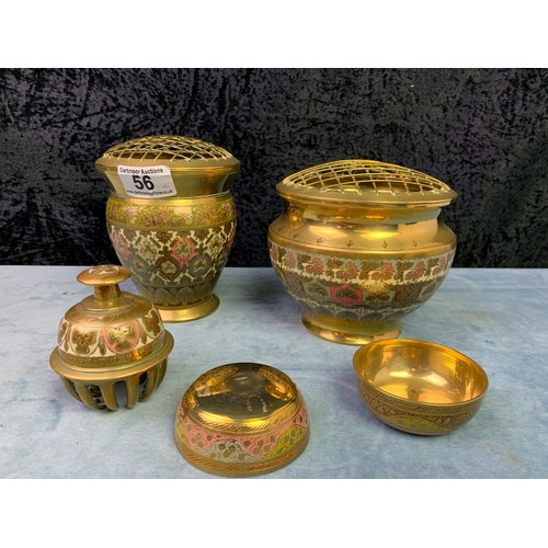 56 - Five pieces of decorative enameled brassware