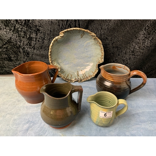 6 - Studio pottery fish and five jugs, two with makers marks