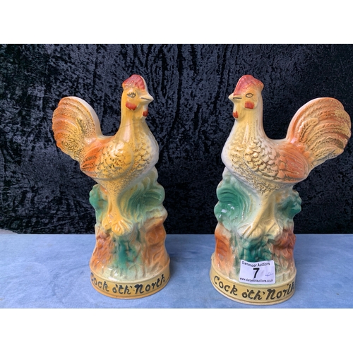 7 - Pair of Bo’ness pottery ‘Cock o’the’ North’ chicken / hen ornaments, approx 24cm tall (one with repa... 