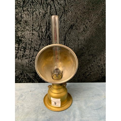 9 - Vintage brass handheld oil lamp with light reflecting dome and glass flue, approx 34cm tall (inc flu... 