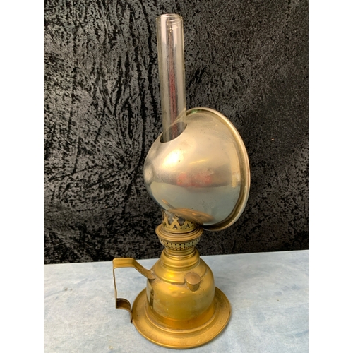 9 - Vintage brass handheld oil lamp with light reflecting dome and glass flue, approx 34cm tall (inc flu... 