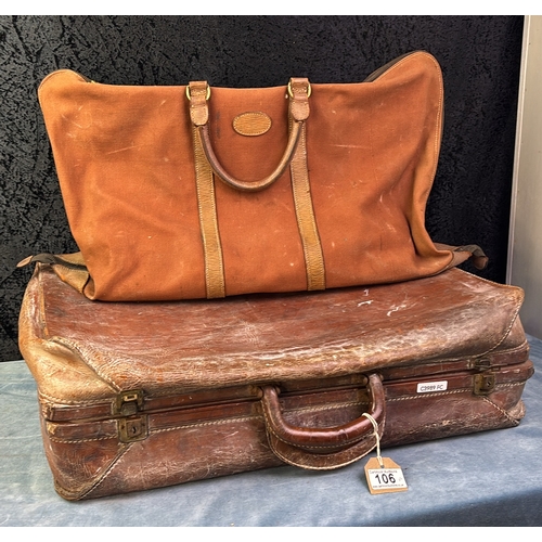 106 - Gentleman’s leather suitcase by Stewart Benson & Co, Buffalo with internal pockets and a canvas bag ... 