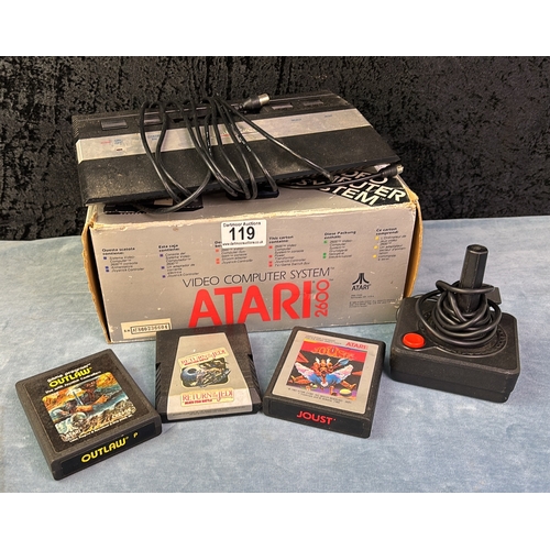 119 - Atari 2600 boxed vintage games console with one controller and three games - Outlaw, Joust and Retur... 