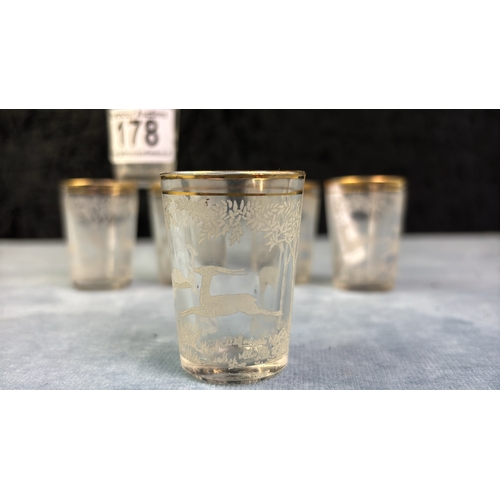 178 - 6 beautifully etched, fold rimmed French shot glasses featuring deer