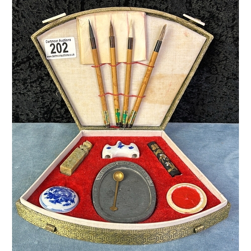 202 - Chinese Calligraphy Set in presentation box with 5 Brushes ink stone etc