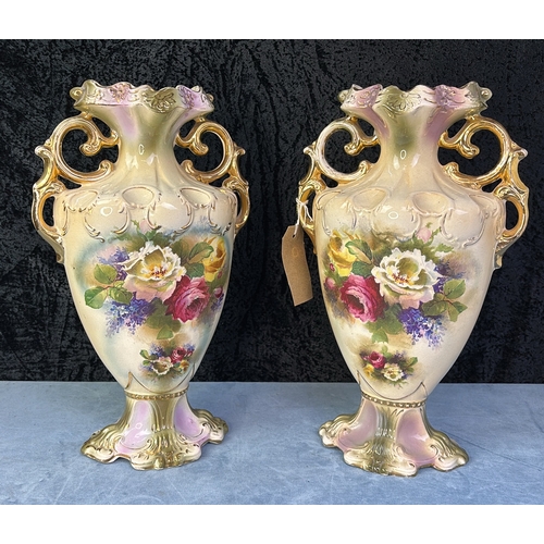 252 - A matching pair of statuesque,  Victorian hand painted over mantle vases H36cm