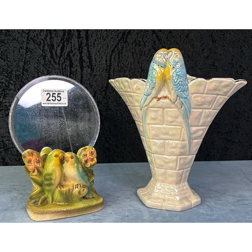 255 - For the Budgie lovers a vintage Budgie plaster mirror holder and Art Deco Price Bros cream Budgeriga... 