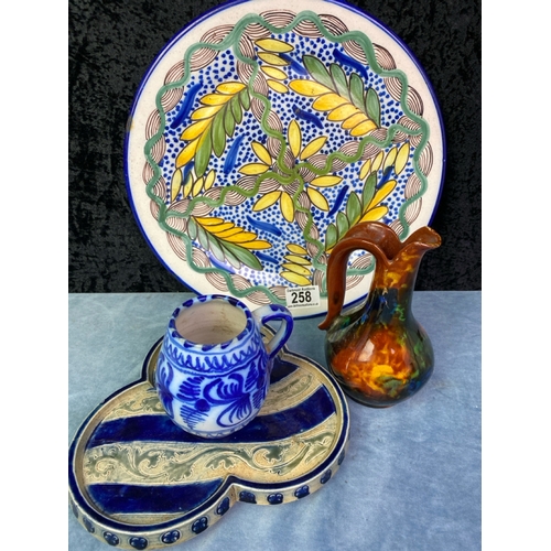 258 - Stunning Dartmouth Pottery, Devon, ewer vase, Chinese cobalt blue cup, antique trifolium platter and... 