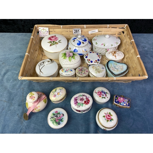 281 - Pretty tray of fine china inc 'Kingfisher', Royal Worcester, Crown Staffordshire, Royal Limoges etc