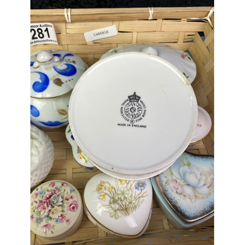 281 - Pretty tray of fine china inc 'Kingfisher', Royal Worcester, Crown Staffordshire, Royal Limoges etc