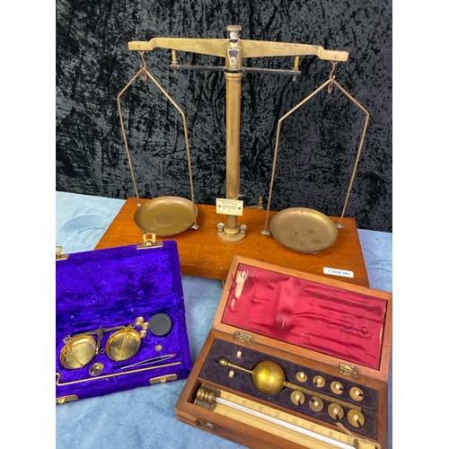 307 - Lovely set of jewellers scales in a crushed velvet display box, a larger set of Philip Harris and co... 