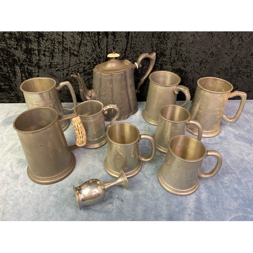 308 - Collection of pewter beer mugs inc Ponder, Sheffield etc and an electric plate water pot