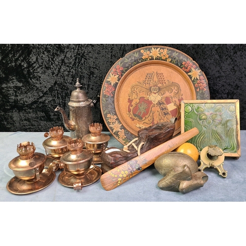 339 - Collectibles including a vintage tile and brass pan stand, small copper lamp bases,  a small brass I... 