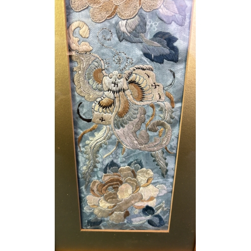 34 - Pair of framed Oriental / Chinese embroidered silk panels, frames approx 57cm x 18cm