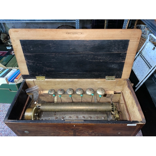 407 - Antique Mid-19th century six bell cylinder music box, unknown maker, partially restored, box has inl... 