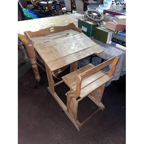 414 - Edwardian school desk with integral seat and opening top, in good condition for age and very useable... 