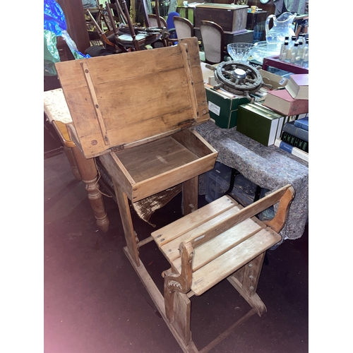 414 - Edwardian school desk with integral seat and opening top, in good condition for age and very useable... 