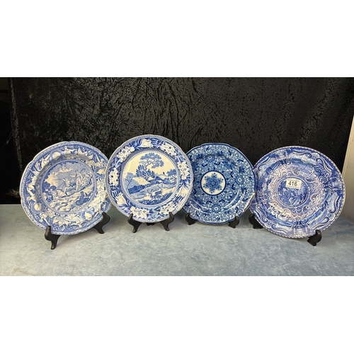 416 - Four antique blue and white shallow bowls / dishes - Hall Staffordshire Quadruped series Lion design... 