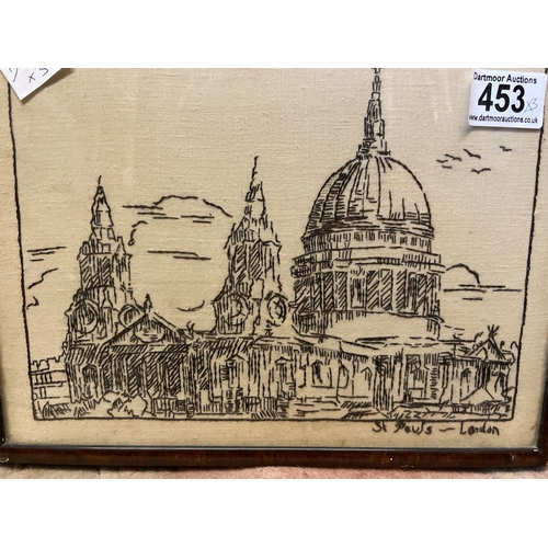 453 - Three vintage framed embroidery pictures of St Paul’s Cathedral, Tower Bridge and the Houses of Parl... 