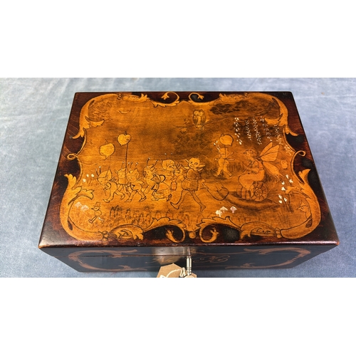 47 - Beautiful lockable (with key) wooden box with velvet lining. Pyrography design depicting pixies and ... 