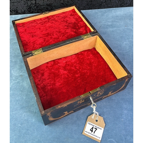 47 - Beautiful lockable (with key) wooden box with velvet lining. Pyrography design depicting pixies and ... 