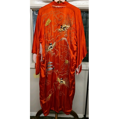 477 - Vintage red silk kimono with gold thread embroidered dragon design on back (a/f)