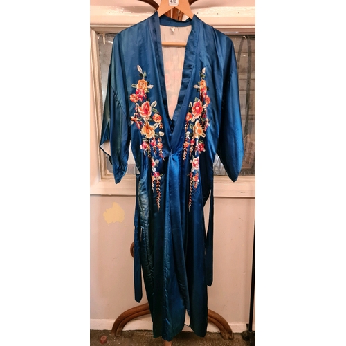 478 - Vintage blue silk kimono with beautifully embroidered floral design to front and back, some fading