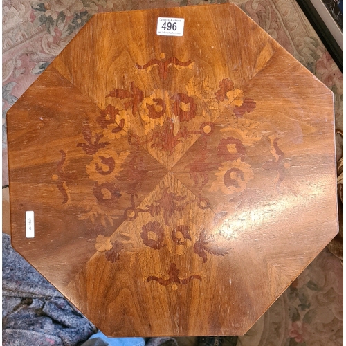 496 - Pedestal table with inlaid wood marquetry detail, approx 73.5cm tall