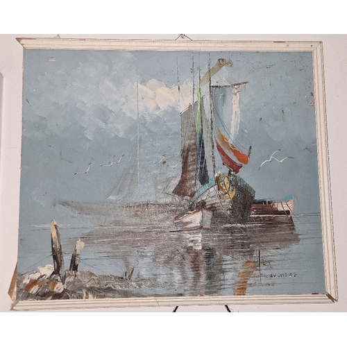 529 - Oil on board painting of moored sailing boats, indistinctly signed (frame a/f), approx 54cm x 64cm a... 