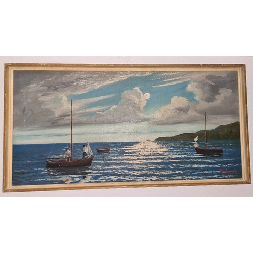 529 - Oil on board painting of moored sailing boats, indistinctly signed (frame a/f), approx 54cm x 64cm a... 