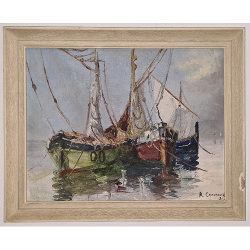 530 - Two oil on board paintings by R. J. Conibear, one of moored sailing boats, frame approx 33cm x 41cm ... 