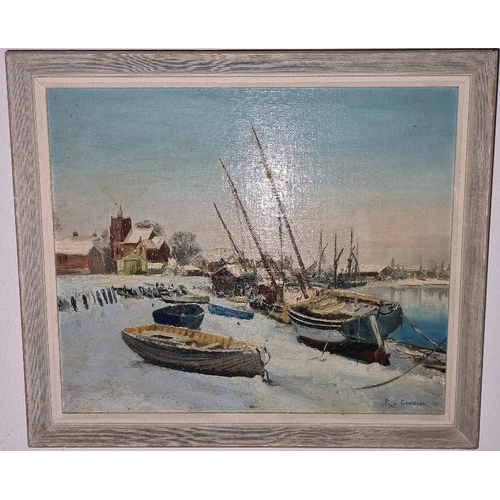 530 - Two oil on board paintings by R. J. Conibear, one of moored sailing boats, frame approx 33cm x 41cm ... 