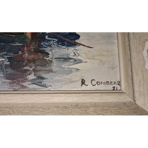 530 - Two oil on board paintings by R. J. Conibear, one of moored sailing boats, frame approx 33cm x 41cm ... 