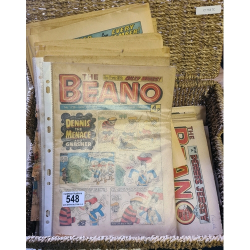 548 - Collection of Beano comics from 1970s and 80s in a seagrass basket