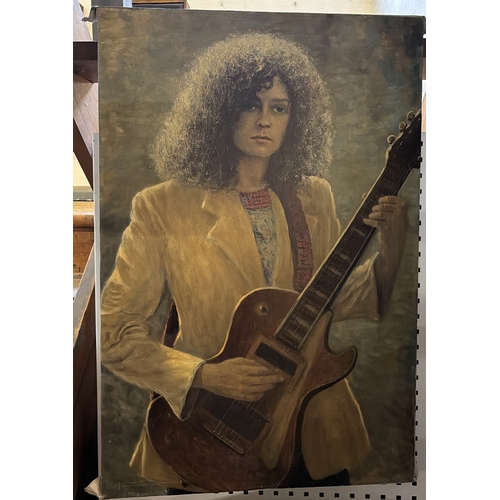 582 - Oil on canvas painting of Marc Bolan playing guitar signed H. Turek / Furek, approx 92cm x 62cm