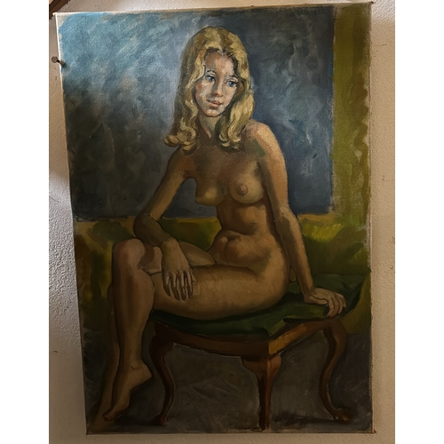 583 - Oil on canvas painting of a nude lady, signed to back R. F. Benesh and dated 1973, approx 66cm x 46c... 